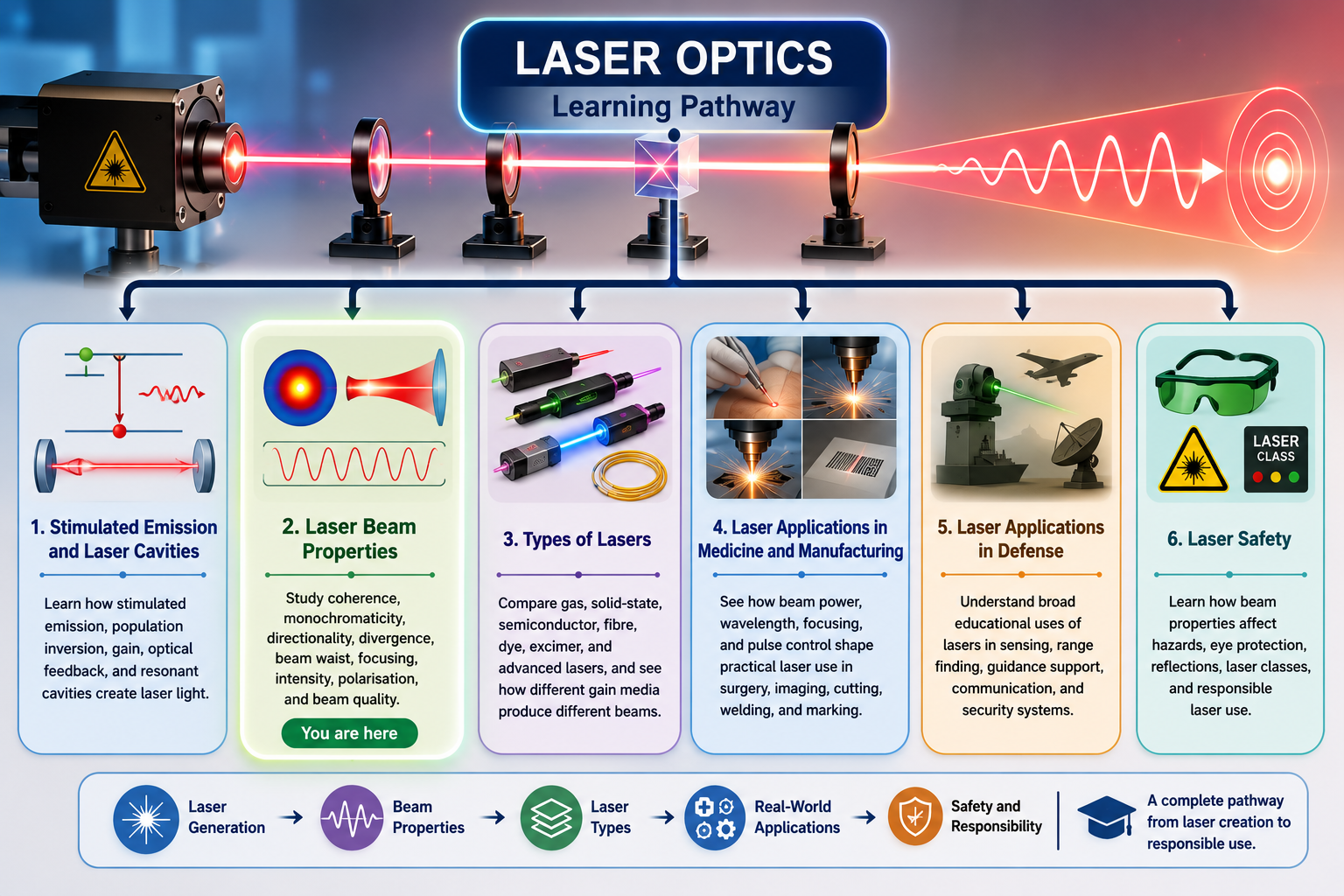 Educational tree chart showing Laser Optics as a hub with six subpages: stimulated emission and laser cavities, laser beam properties, types of lasers, medical and manufacturing applications, defense applications, and laser safety.