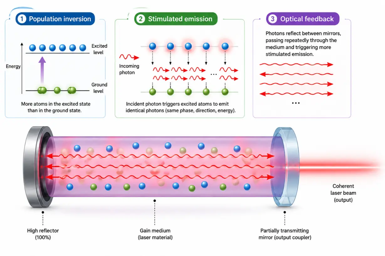Educational infographic showing how population inversion, stimulated emission, and optical feedback inside a laser cavity produce a coherent laser beam.