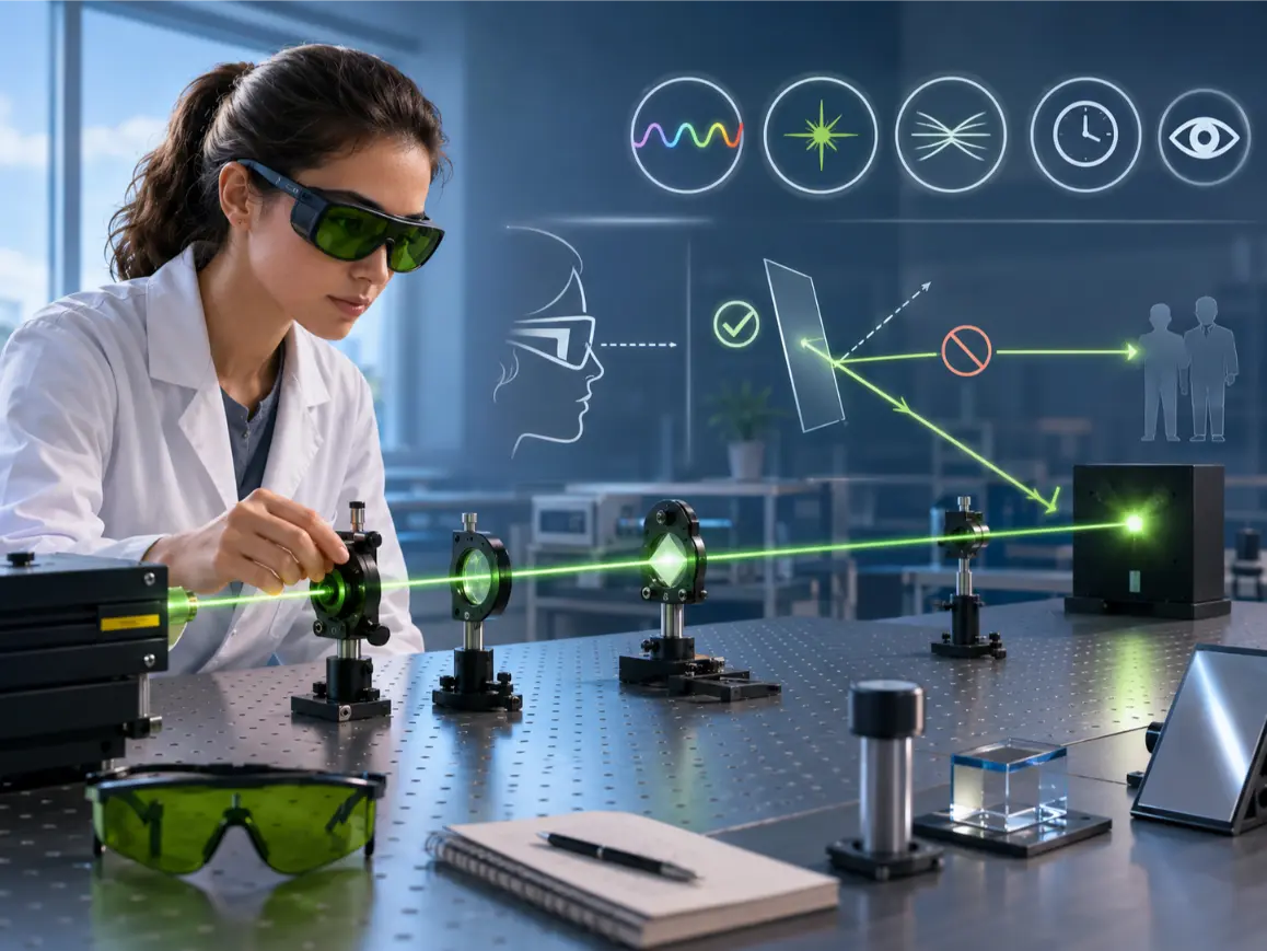 Artist’s impression showing laser safety in an optics laboratory, with protective eyewear, a controlled beam path, optical components, and visual cues about wavelength, focusing, reflection, exposure time, and eye sensitivity.