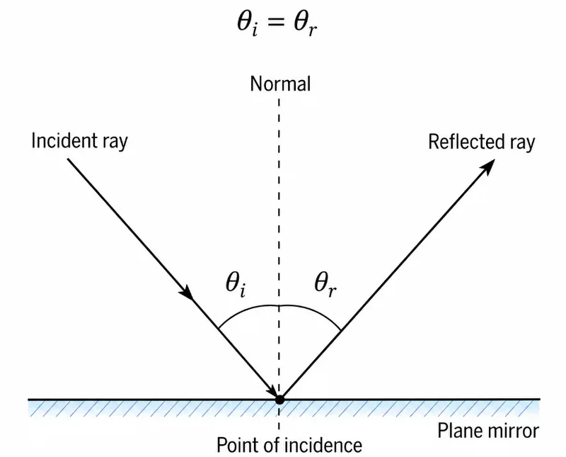 Simple educational diagram showing the law of reflection with an incident ray, reflected ray, normal, point of incidence, plane mirror, and equal angles of incidence and reflection.