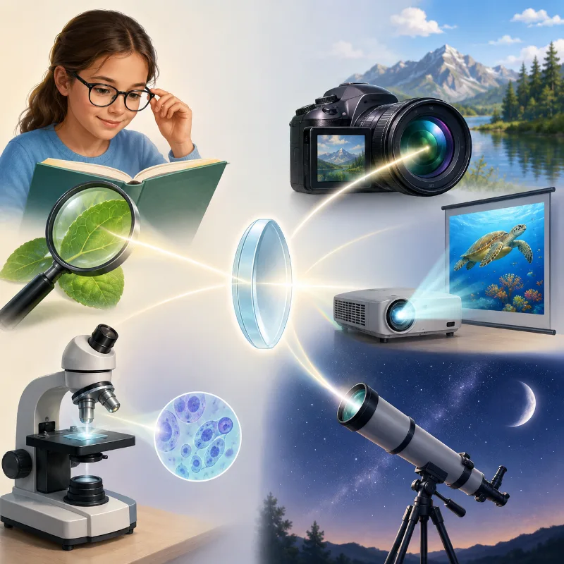 Artist impression showing lenses used in spectacles, a magnifying glass, camera, projector, microscope, and telescope, with soft light paths suggesting refraction and image formation.