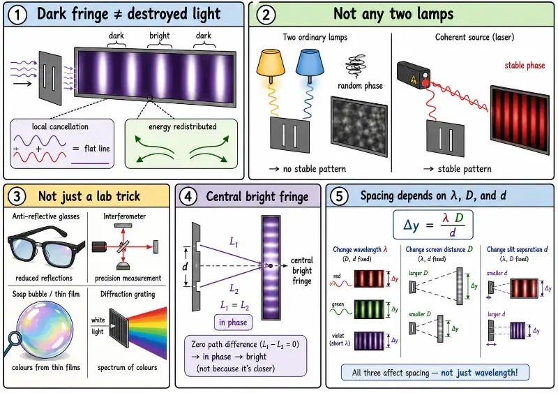 Comic-style educational illustration correcting five misconceptions about light interference, including dark fringes, coherence, real-world applications, central bright fringes, and fringe spacing.