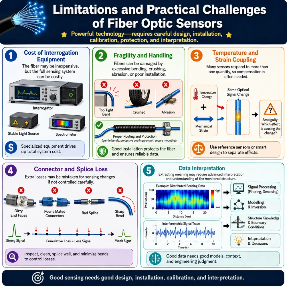 Infographic showing the main limitations and practical challenges of fiber optic sensors, including equipment cost, fragility and handling issues, temperature and strain coupling, connector and splice loss, and data interpretation complexity.