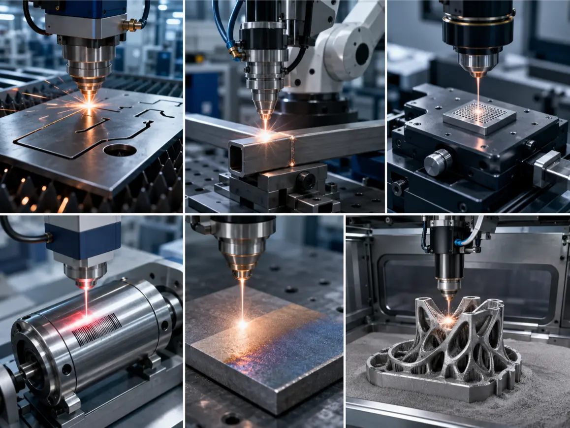 Artist’s impression showing laser manufacturing applications including cutting, welding, drilling, micromachining, marking, surface treatment, and additive manufacturing.