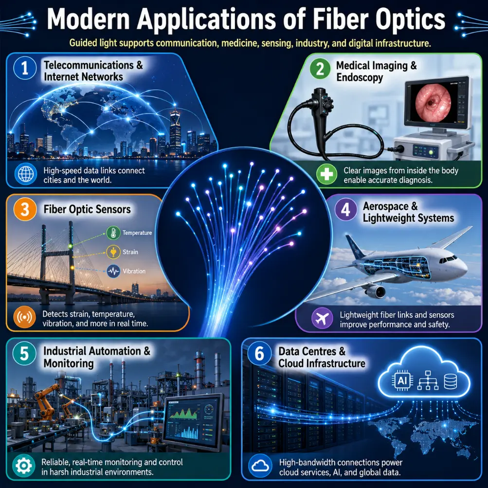 Infographic showing modern applications of fiber optics in telecommunications and internet networks, medical imaging and endoscopy, fiber optic sensors, aerospace systems, industrial automation, and data centres.
