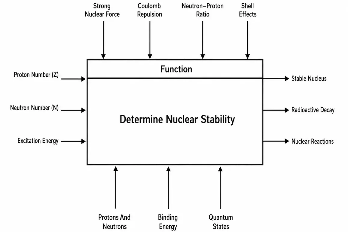 IDEF0 diagram showing how proton number, neutron number, excitation energy, nuclear forces, neutron-proton ratio, shell effects, binding energy, and quantum states determine nuclear stability, decay, or nuclear reactions.