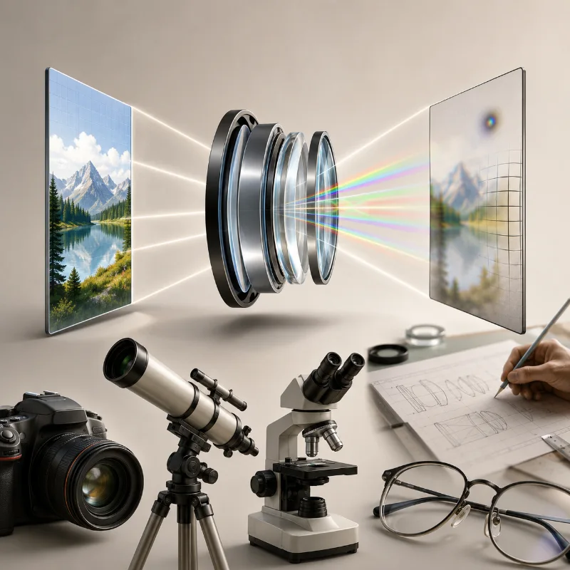 Artist impression showing a multi-element lens system producing slightly blurred, colour-separated, and distorted image effects to introduce optical aberrations and optical design.
