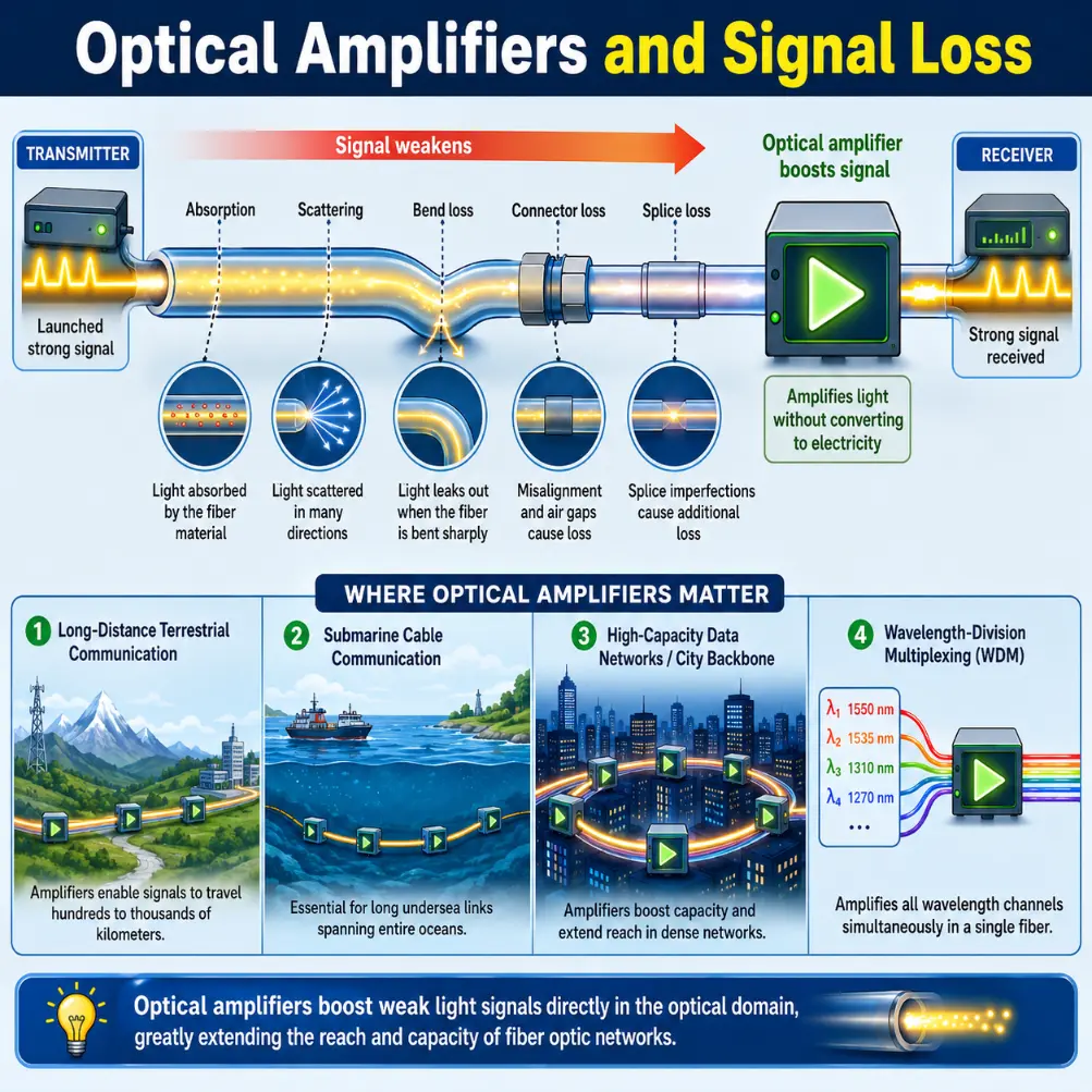 Artist’s impression showing a fiber optic signal weakening because of absorption, scattering, bend loss, connector loss, and splice loss, then being strengthened by an optical amplifier before reaching the receiver.