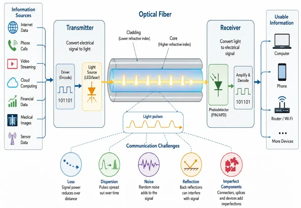 Simple educational diagram showing information sources converted into light by a transmitter, sent through an optical fiber, detected by a receiver, and converted back into usable digital information.