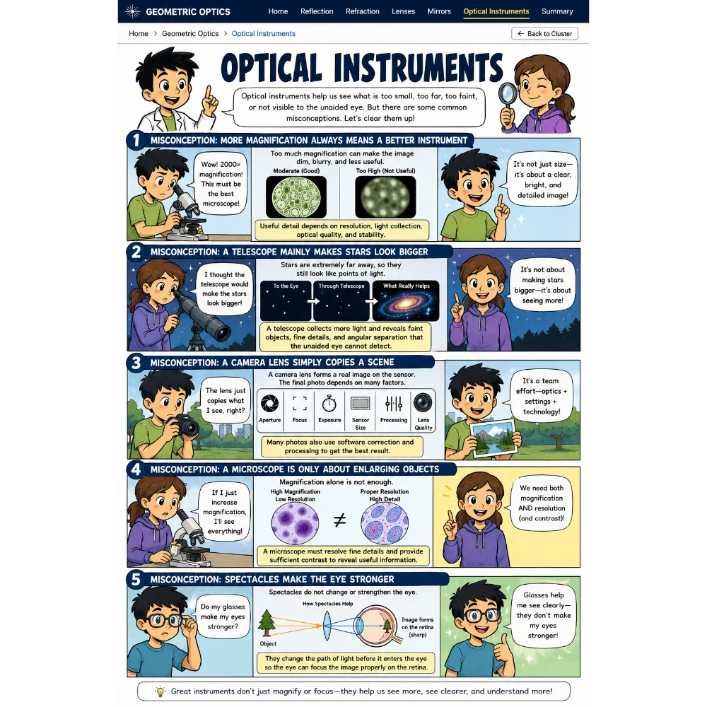 Educational comic explaining common misconceptions about optical instruments, including magnification, telescopes, camera lenses, microscopes, and spectacles.