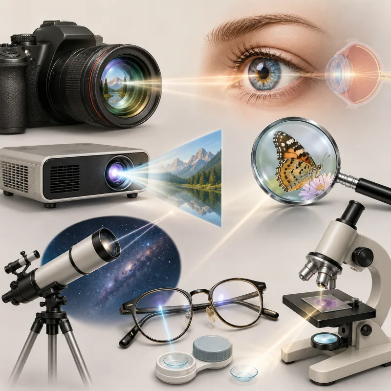 Artist impression showing optical instruments such as a camera, projector, telescope, microscope, spectacles, contact lenses, magnifying glass, and the human eye.