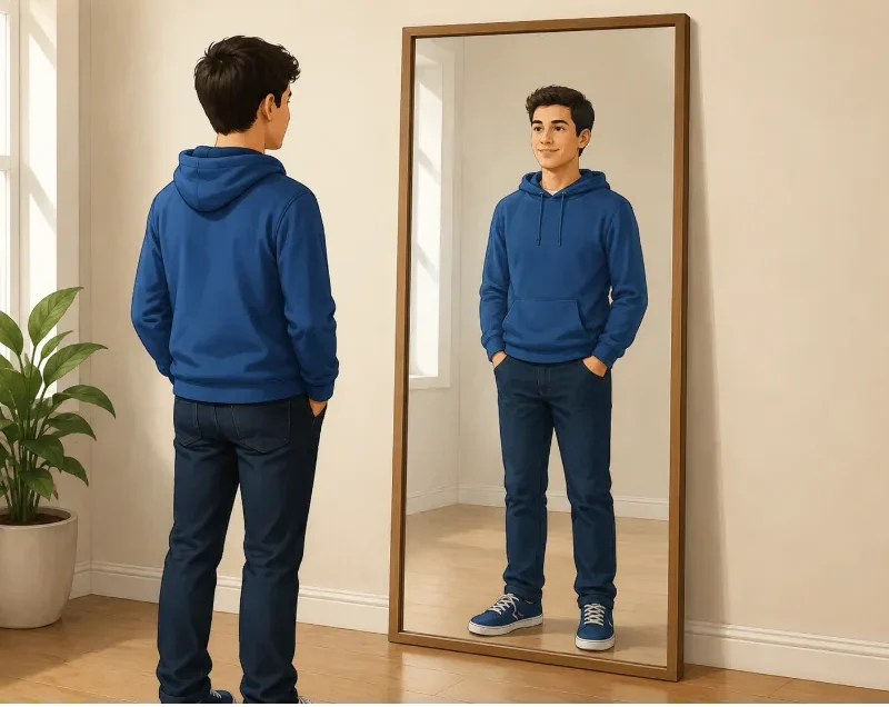 Illustration of a person standing in front of a full-length plane mirror, with the reflected image appearing inside the mirror.