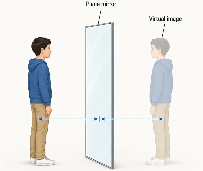 Illustration of a person standing in front of a plane mirror with a faint virtual image behind the mirror and equal-distance markers shown at knee height.