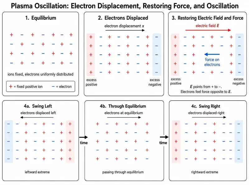 Six-panel educational diagram showing plasma oscillation, with fixed positive ions and electrons moving from equilibrium to displacement, restoring force, and left-right oscillation.