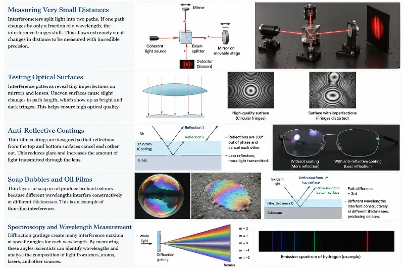 Educational infographic showing real-world applications of light interference, including interferometry, optical surface testing, anti-reflective coatings, thin-film colours, and diffraction grating spectroscopy.