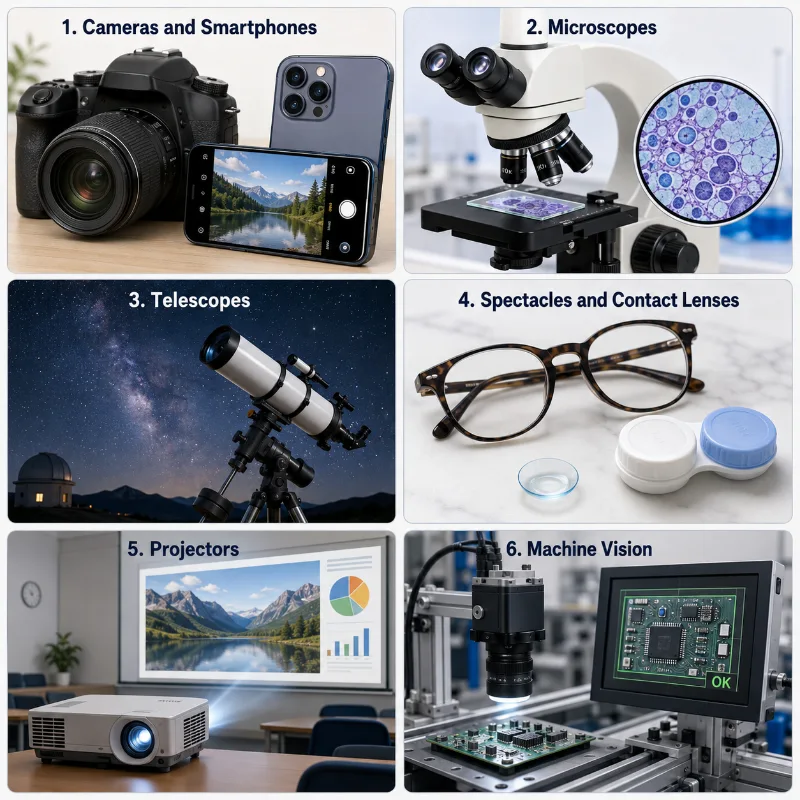 Six-panel artist impression showing cameras and smartphones, microscopes, telescopes, spectacles and contact lenses, projectors, and machine vision as applications of optical design.