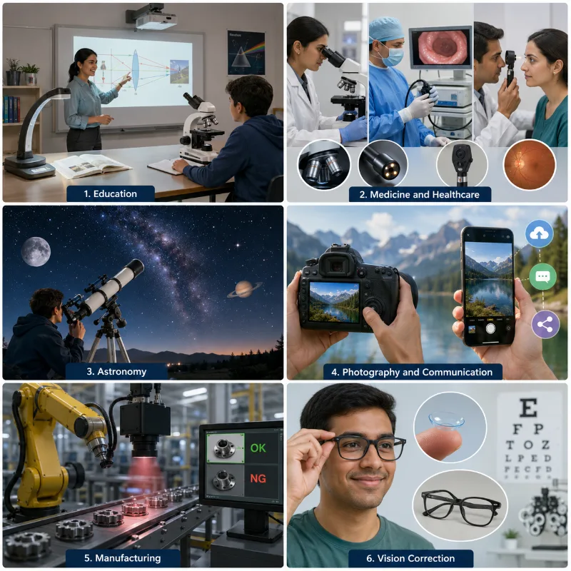 Six-panel artist impression showing optical instruments used in education, medicine and healthcare, astronomy, photography and communication, manufacturing, and vision correction.