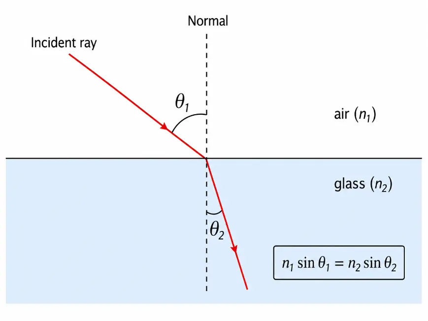 Simple diagram showing an incident light ray travelling from air into glass, bending toward the normal, with angles theta one and theta two measured from the normal and Snell’s law shown.