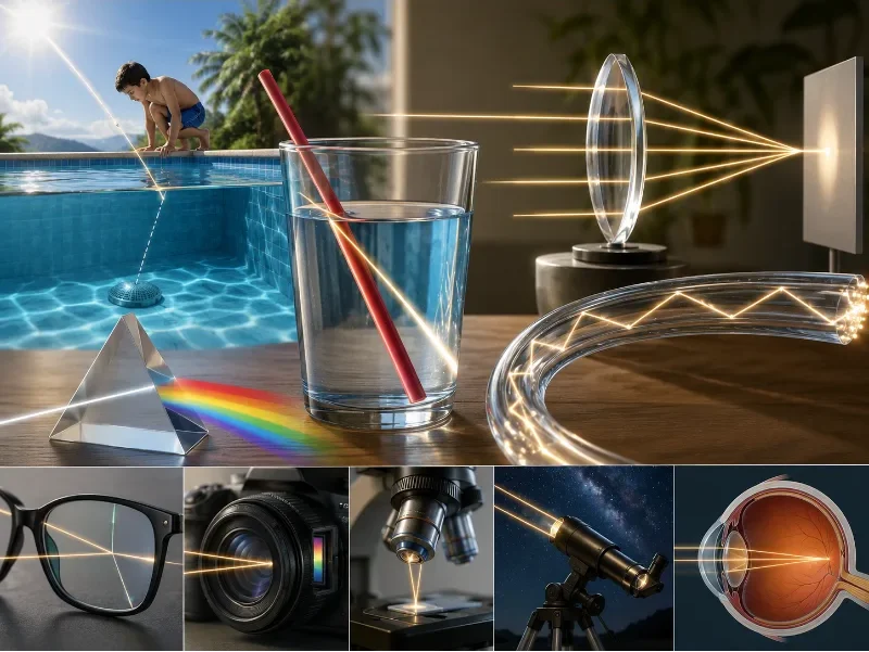 Artist impression showing refraction through water, a bent straw, a prism, a lens, optical fibre, spectacles, camera lens, microscope, telescope, and the human eye.