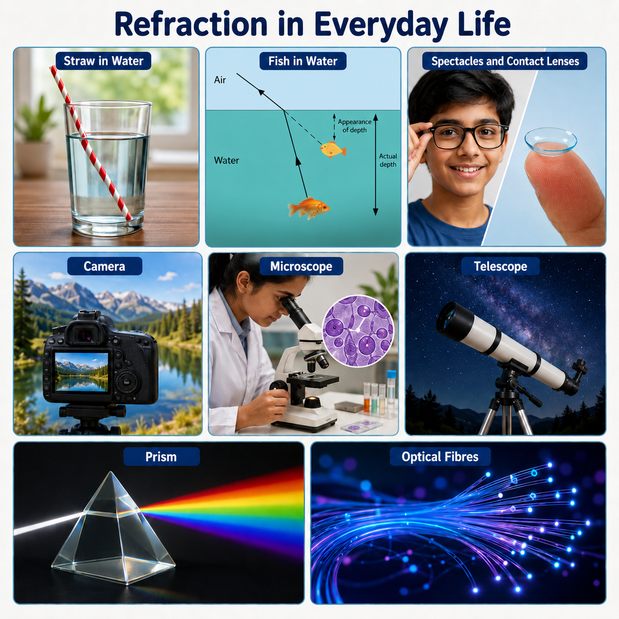 Infographic showing everyday examples of refraction, including a bent straw in water, fish appearing shallower in water, spectacles and contact lenses, a camera, microscope, telescope, prism, and optical fibres.