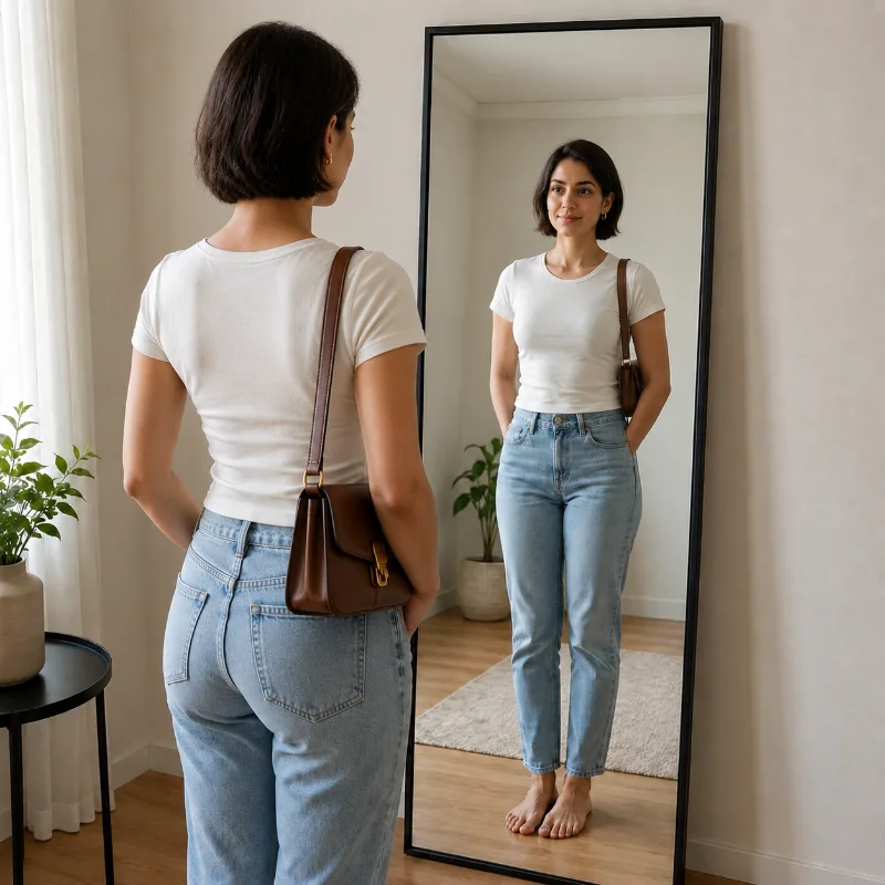 Artist impression of a short-haired lady standing in front of a full-length plane mirror, carrying a handbag on her right shoulder, with her upright reflected image shown in the mirror.