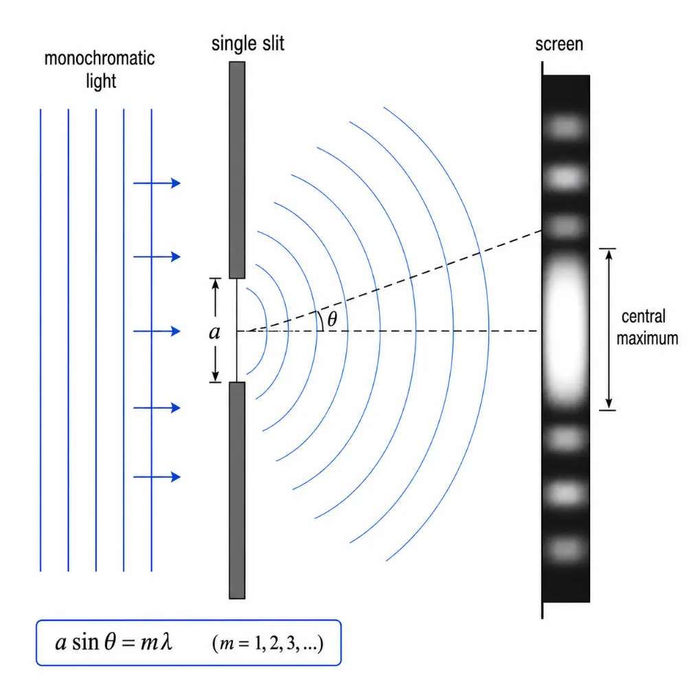 Diagram showing monochromatic light passing through a single slit, spreading into curved wavefronts, and forming a diffraction pattern with a broad central maximum on a screen.