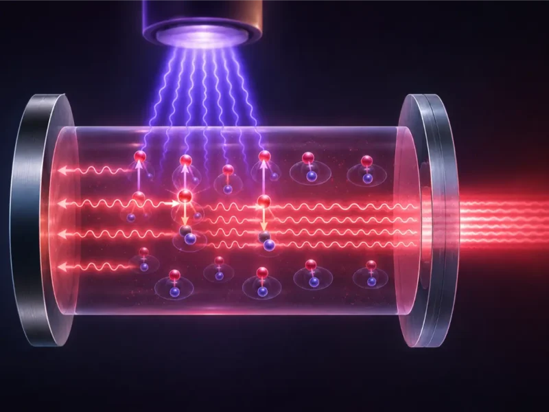 Artist’s impression showing excited atoms, matching photons, mirrors, and optical feedback inside a laser cavity producing an organised laser beam.