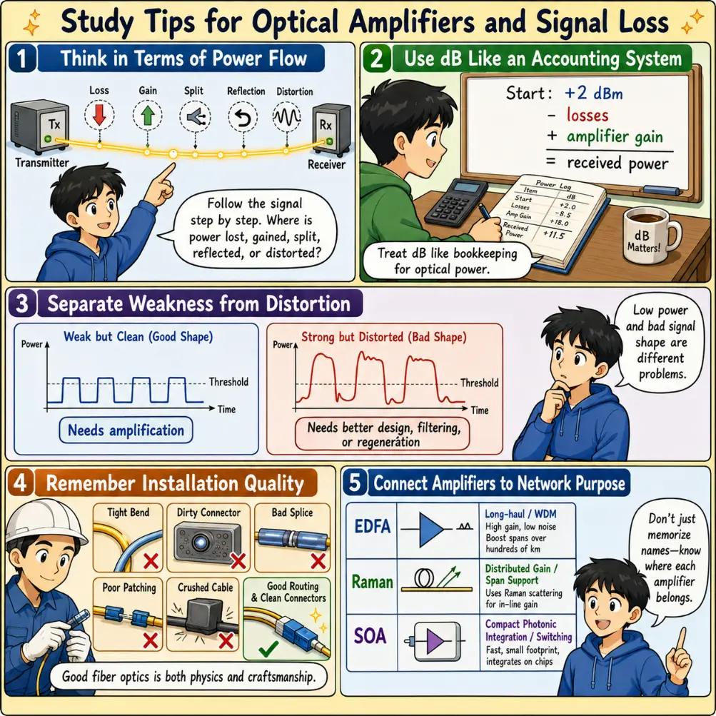 Comic-style educational illustration showing five study tips for optical amplifiers and signal loss, including power flow, dB calculations, separating weakness from distortion, installation quality, and matching amplifier types to network purpose.