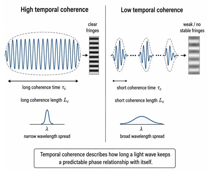 Educational diagram comparing high and low temporal coherence, showing a long orderly wave train with clear fringes and a short irregular wave train with weak or unstable fringes.