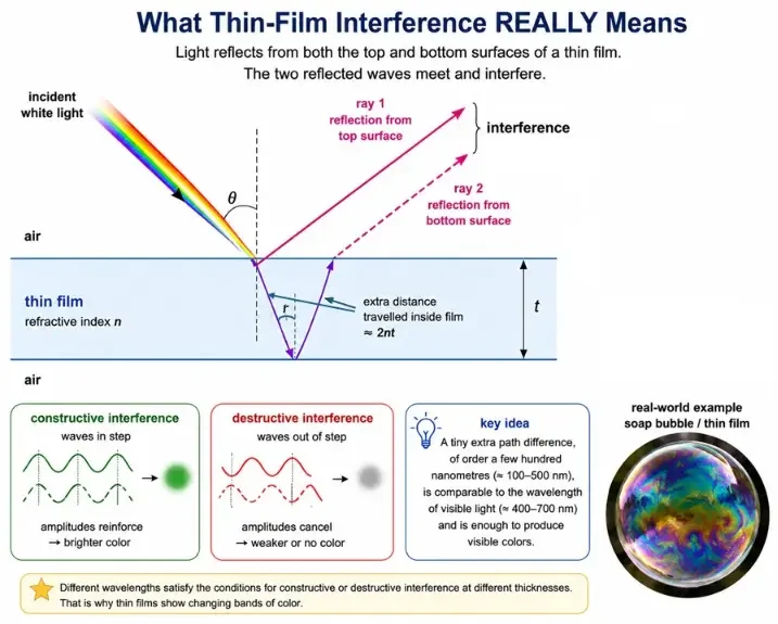 Diagram showing incident white light striking a thin film, with one ray reflected from the top surface and another reflected from the bottom surface, so that the two reflected waves interfere and produce constructive or destructive colour effects.