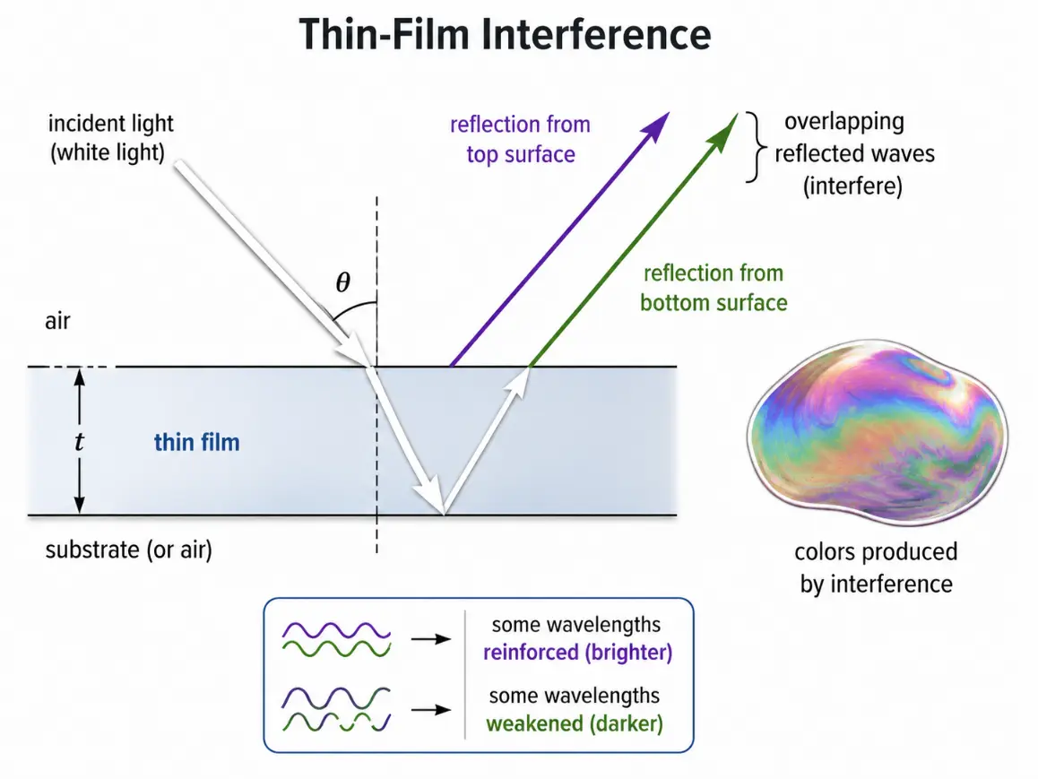 Diagram showing incident white light reflecting from the top and bottom surfaces of a thin film, with the overlapping reflected waves interfering to produce bright and dark colours.