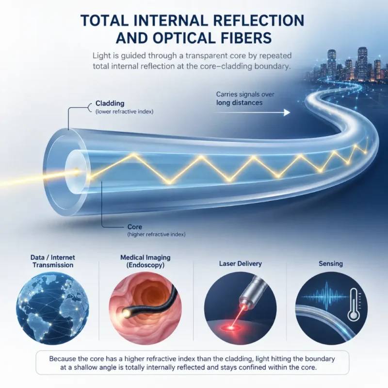 Artist’s impression of light guided through an optical fiber by repeated total internal reflection at the core-cladding boundary, with examples of data transmission, medical imaging, laser delivery, and sensing.