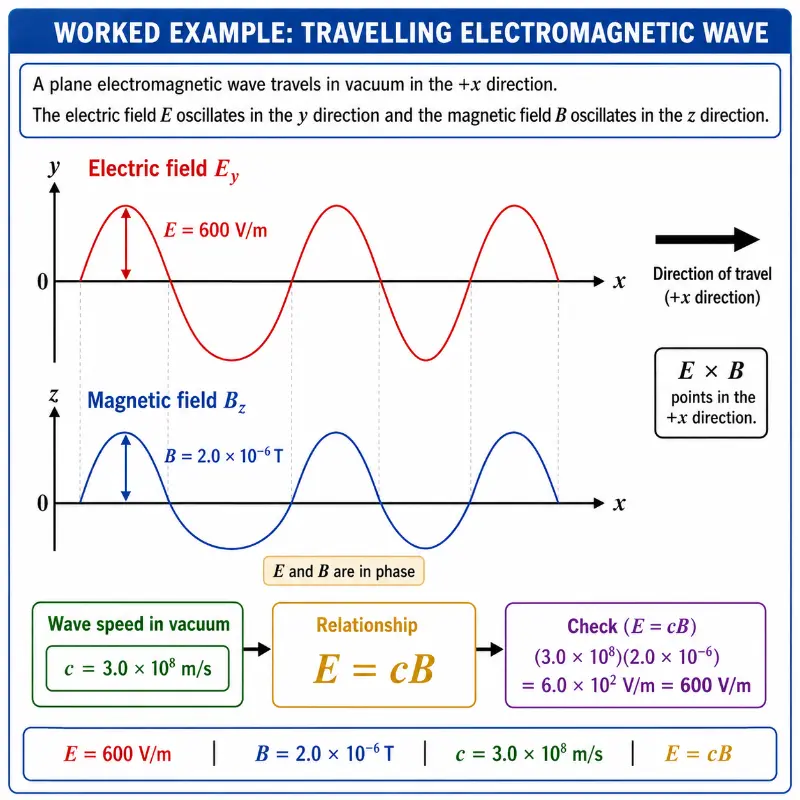 Worked example infographic showing a travelling electromagnetic wave in vacuum, with electric field Ey and magnetic field Bz plotted in phase along the x direction.
