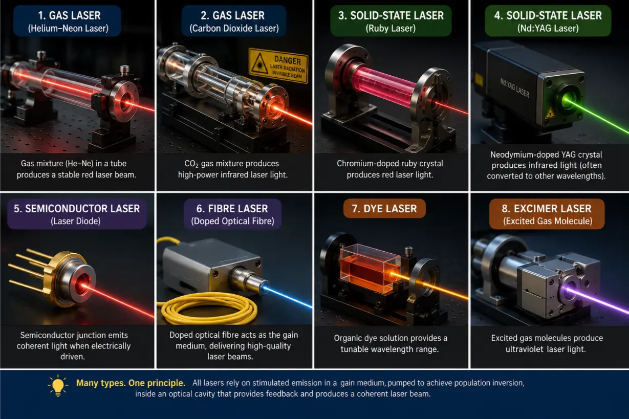 Infographic-style collage showing major types of lasers, including gas lasers, solid-state lasers, semiconductor lasers, fibre lasers, dye lasers, and excimer lasers.