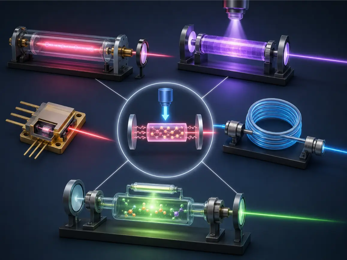 Artist’s impression showing different laser types using gas, crystal, semiconductor, optical fibre, and molecular gain media, all connected by the shared principle of stimulated emission inside an optical cavity.