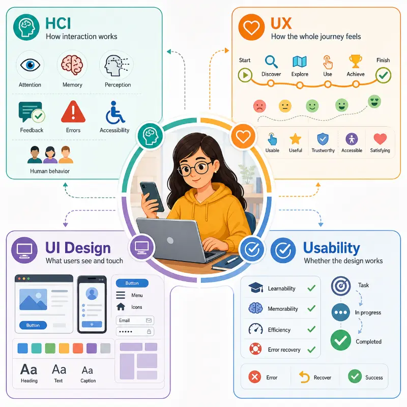 Educational illustration showing a user surrounded by four concept panels explaining HCI, UX, UI design, and usability through icons, journey steps, interface elements, and task success checks.