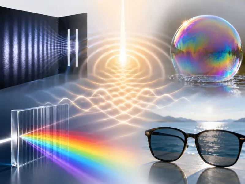 Artist’s impression showing wave optics concepts, including interference fringes, diffraction through slits, a diffraction grating separating colours, a soap bubble with thin-film colours, and polarizing sunglasses reducing glare.
