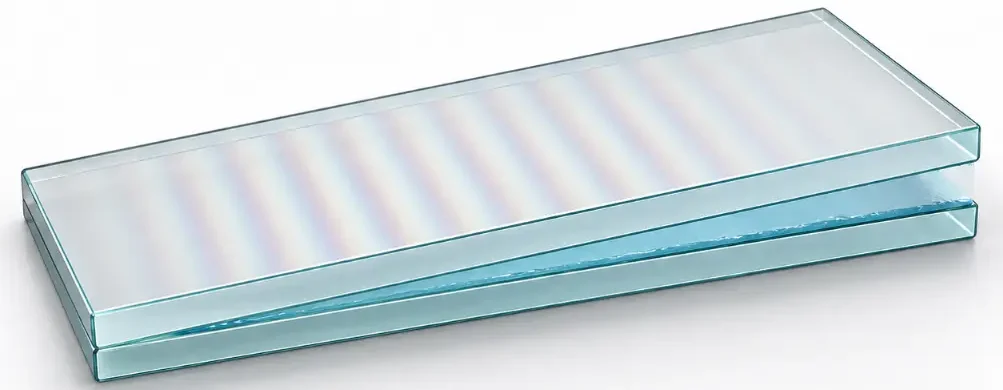 Artist’s 3D impression of two glass plates forming a very small wedge angle, with a thin water film between them and faint iridescent interference fringes visible on the top plate.