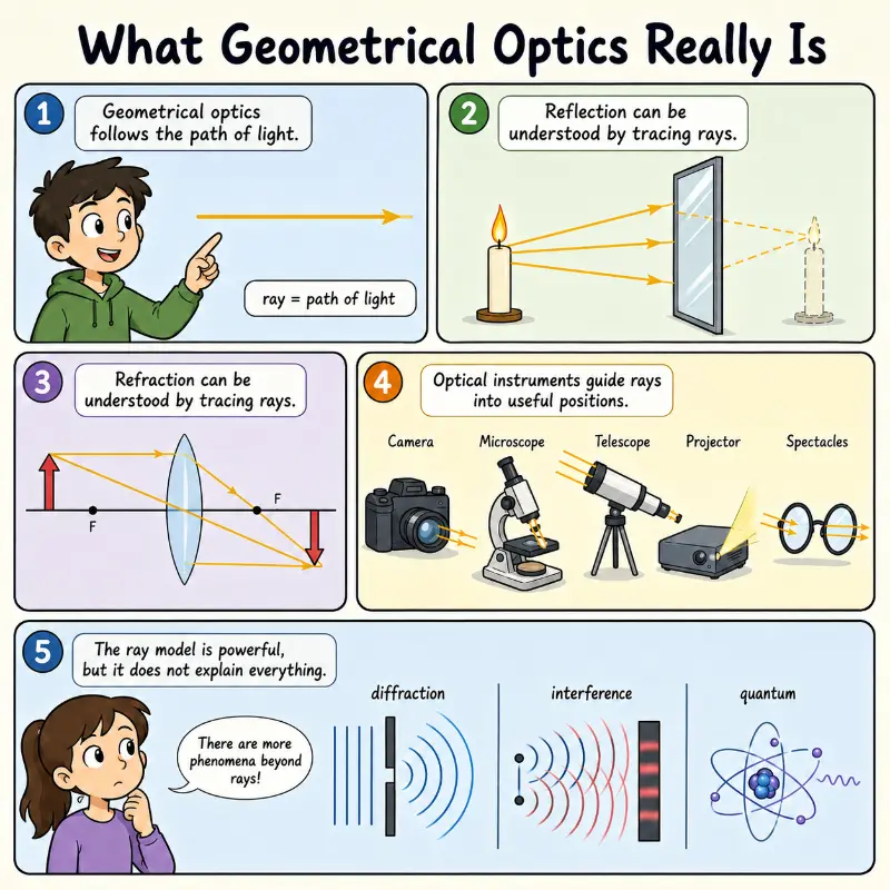 Simple educational comic explaining geometrical optics as the study of light paths using rays, with panels on reflection, refraction, optical instruments, and phenomena beyond the ray model.