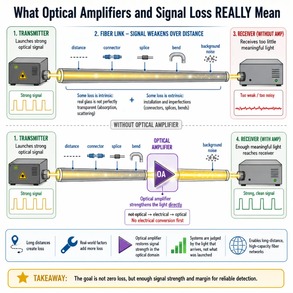 Educational illustration showing a fiber optic signal weakening over distance because of connectors, splices, bends, and noise, then being strengthened directly by an optical amplifier before reaching the receiver.