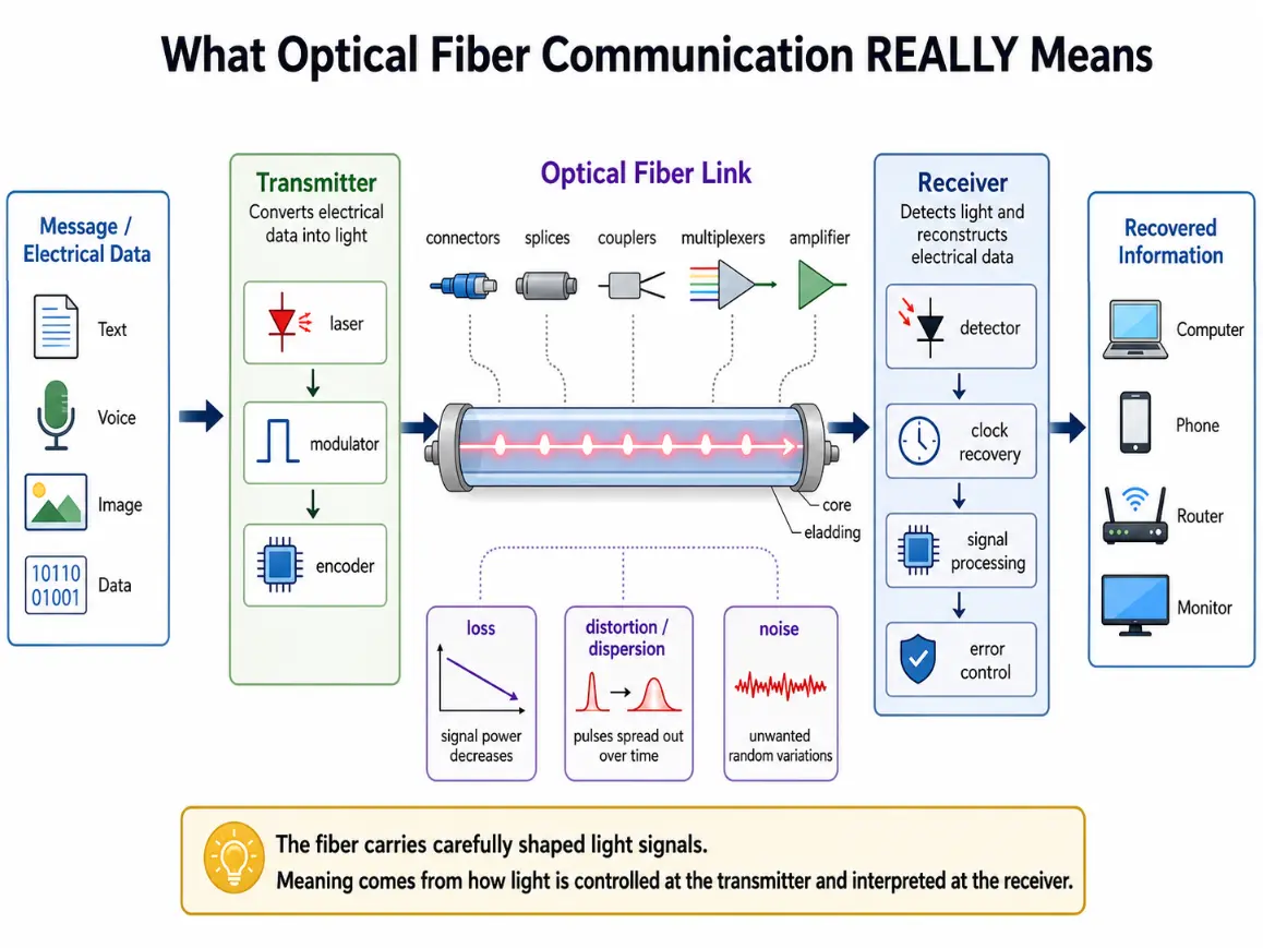 Simple educational diagram showing optical fiber communication as a complete information system, with a transmitter converting electrical data into light, an optical fiber link carrying shaped light signals, and a receiver reconstructing usable information.