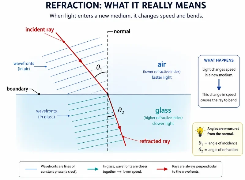 Educational diagram showing an incident ray passing from air into glass, bending toward the normal as its speed decreases, with the boundary, normal, wavefronts, and refracted ray clearly illustrated.