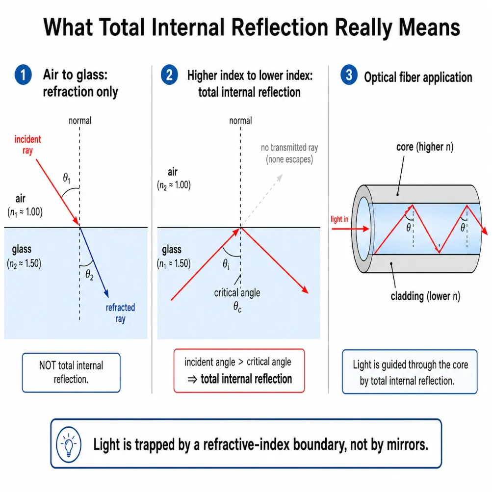 Three-part diagram showing refraction from air into glass, total internal reflection at a glass-air boundary, and light guided through an optical fiber core by repeated total internal reflection.
