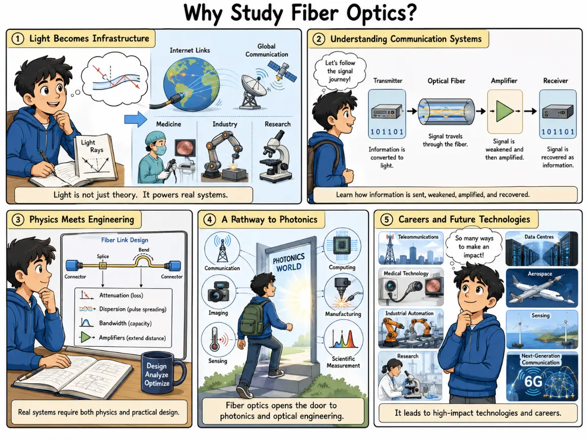 Comic-style educational illustration showing why students should study fiber optics, including light as infrastructure, communication systems, engineering design, photonics pathways, and careers in high-impact technologies.