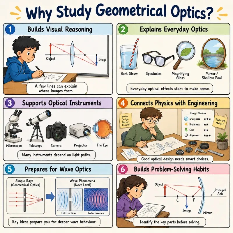 Educational comic showing why students should study geometrical optics, including visual reasoning, everyday optical effects, optical instruments, engineering design, wave optics preparation, and problem-solving habits.