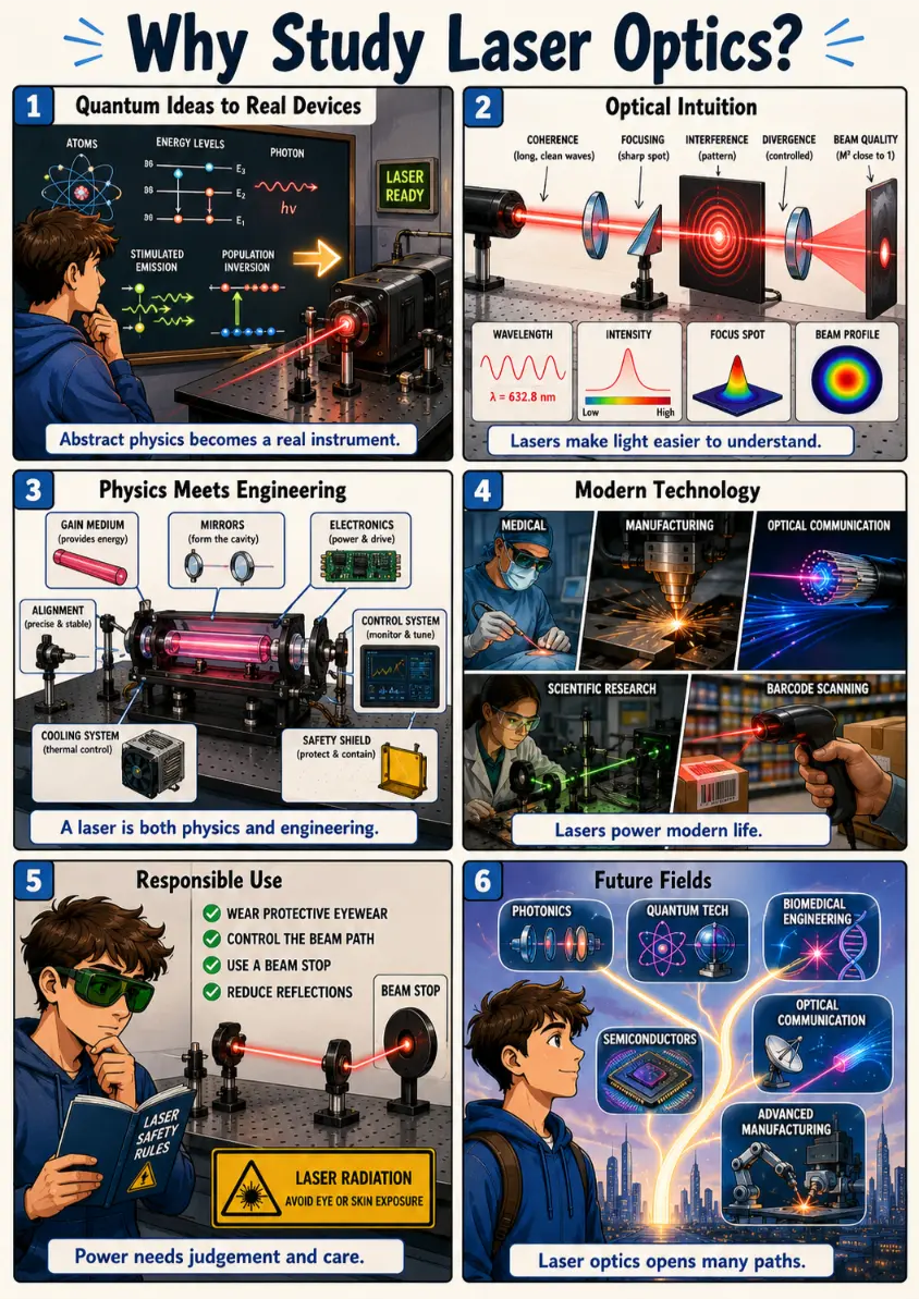Comic-style educational infographic showing why students should study laser optics, including quantum ideas, beam behaviour, engineering design, modern applications, safety, and future career pathways.