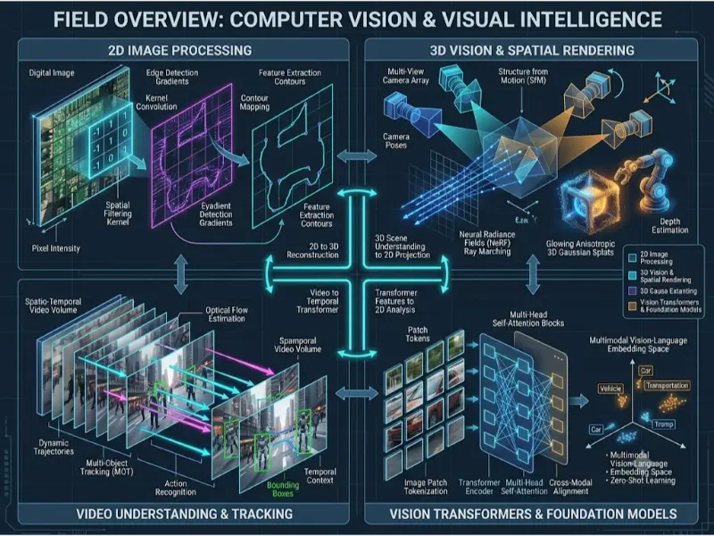 Computer Vision Overview showing 2D planar filtering, 3D Gaussian splatting, temporal video optical flow, and Vision Transformer multimodal foundation models.