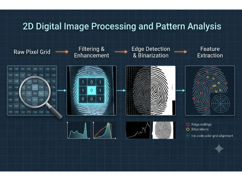 Digital image processing pipeline showing spatial filtering, edge detection, binarization, and biometric pattern recognition.