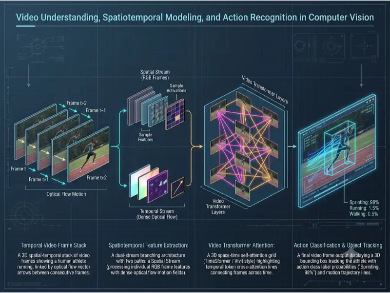 Video understanding and action recognition pipeline showing frame stack optical flow, two-stream spatiotemporal extraction, video transformer space-time attention, and action tracking.
