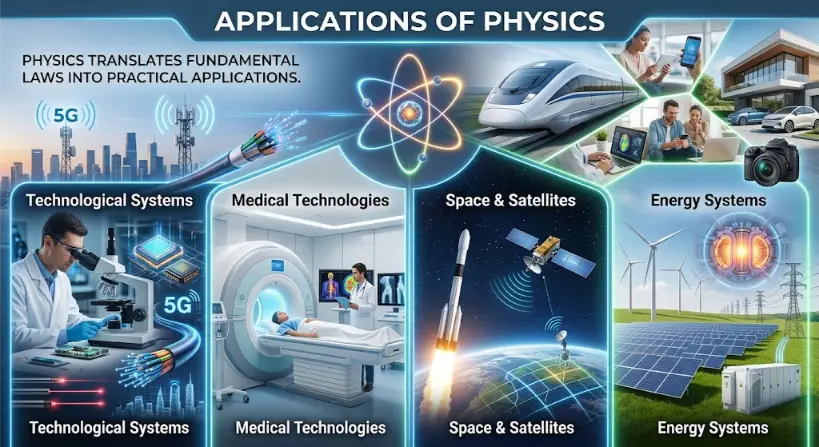 Alt Text: Infographic displaying the applications of physics across four key sectors: Technological Systems (fiber optics, microchips, 5G networks), Medical Technologies (an MRI machine scanning a patient), Space and Satellite Systems (a rocket launching and a satellite orbiting Earth), and Energy Systems (solar panels, wind turbines, and a fusion reactor core).